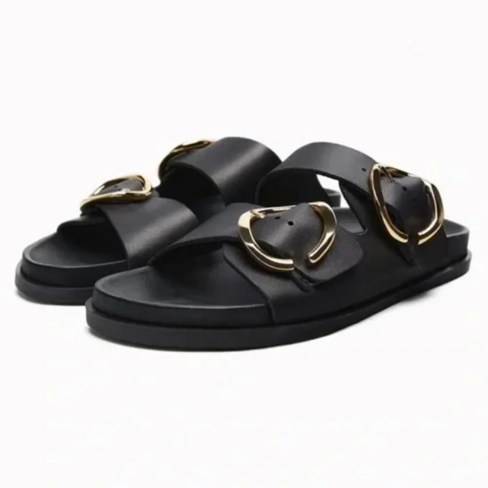Zara Buckled Flat Leather Black Sandals Woman’s Size 9 - Picture 3 of 10